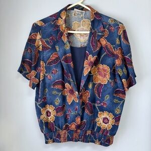 Alfred Dunner Vintage Size 12 Blue Floral Crinkle Blouse Jacket Cottagecore USA